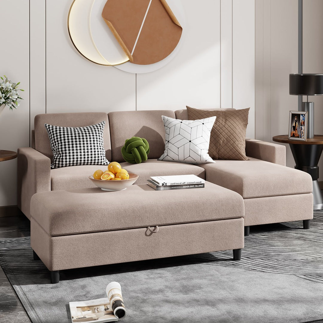 Walsunny Sectional Sofa With Long Storage Ottoman For Small Apartment#color_khaki (7136755155120)