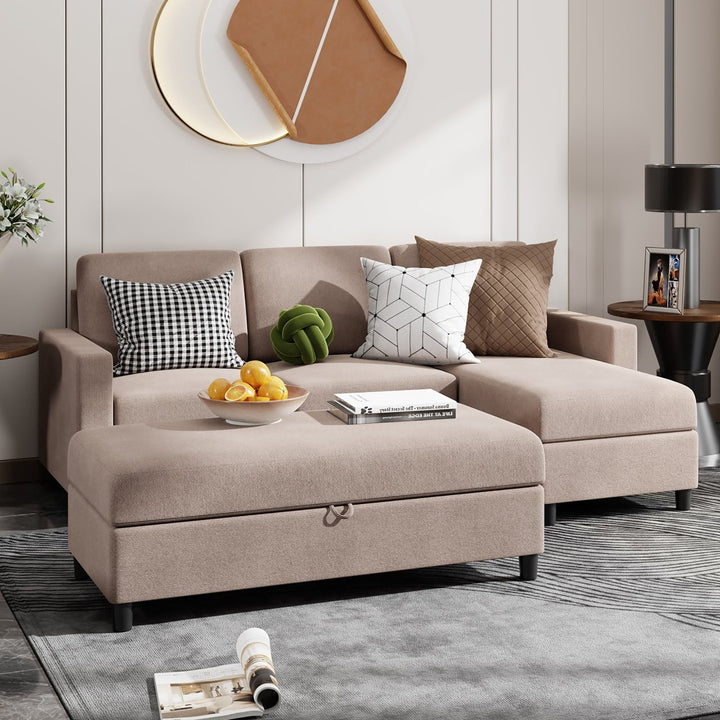Walsunny Sectional Sofa With Long Storage Ottoman For Small Apartment#color_khaki (7136755155120)