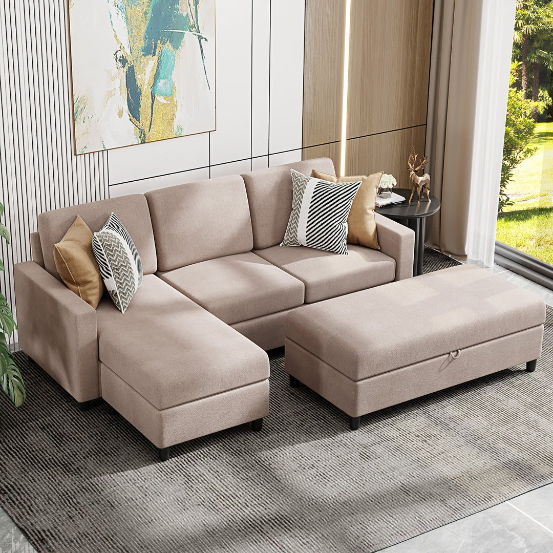 Walsunny Sectional Sofa With Long Storage Ottoman For Small Apartment#color_khaki (7136755155120)