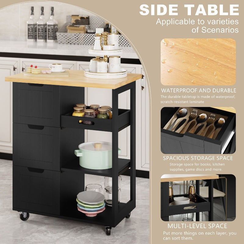 Walsunny 26.57¡®¡¯ Rolling Kitchen Island Storage & Bar Cart with Solid Wood Top#color_black (7278481932464)