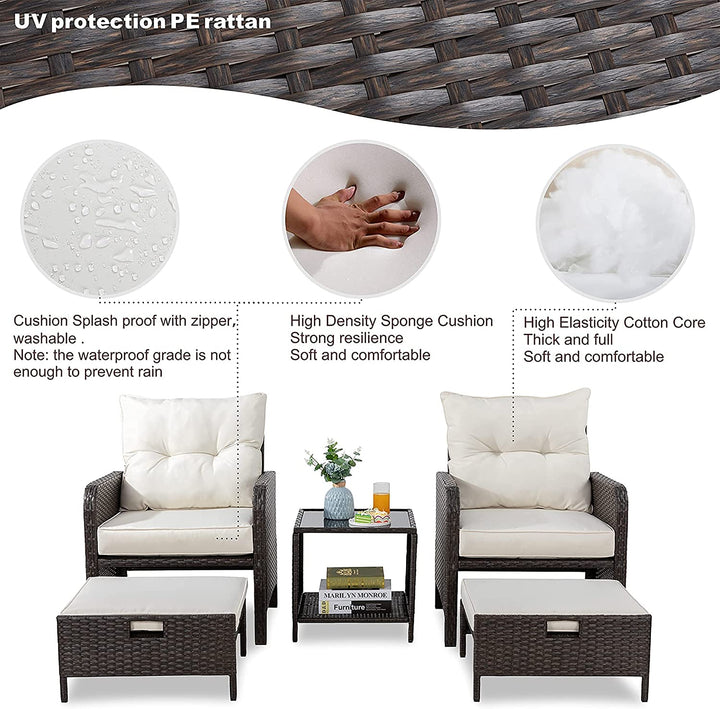 Walsunny 5 Piece Outdoor Recliner Conversation Set With Beige Cushions, Wicker PE Rattan