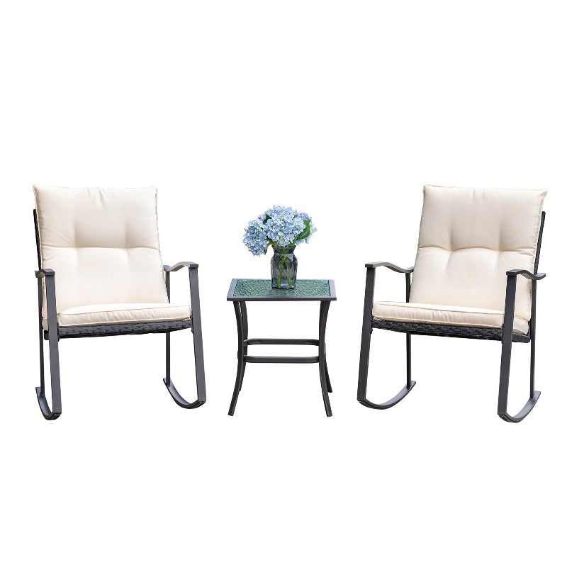 3-Piece Outdoor Rocking Chair Set – 2 Rockers & 1 Table, Powder-Coated Steel, Thick Cushions, For Patio & Backyard