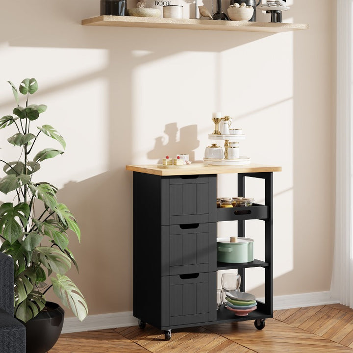 Walsunny 26.57¡®¡¯ Rolling Kitchen Island Storage & Bar Cart with Solid Wood Top#color_black (7278481932464)