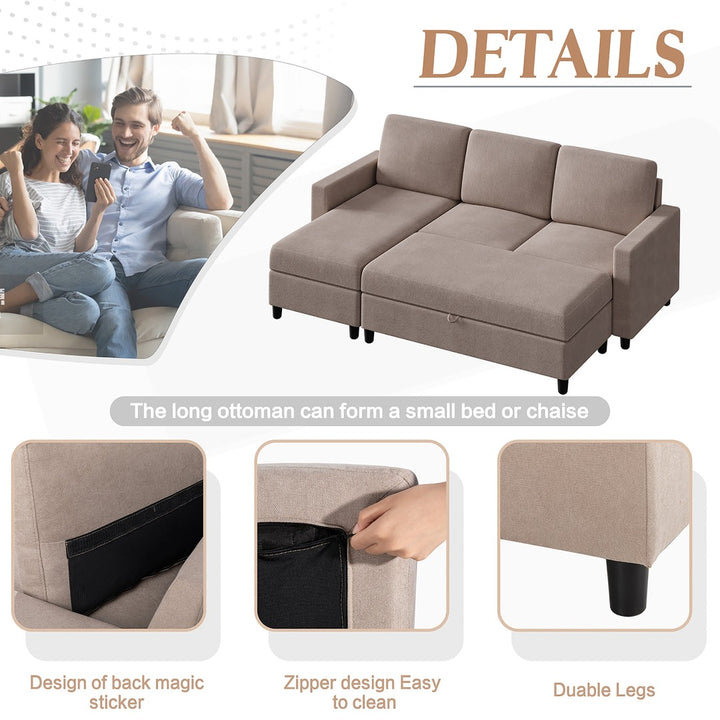 Walsunny Sectional Sofa With Long Storage Ottoman For Small Apartment#color_khaki (7136755155120)