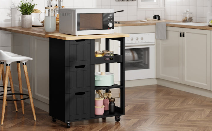 Walsunny 26.57¡®¡¯ Rolling Kitchen Island Storage & Bar Cart with Solid Wood Top#color_black (7278481932464)