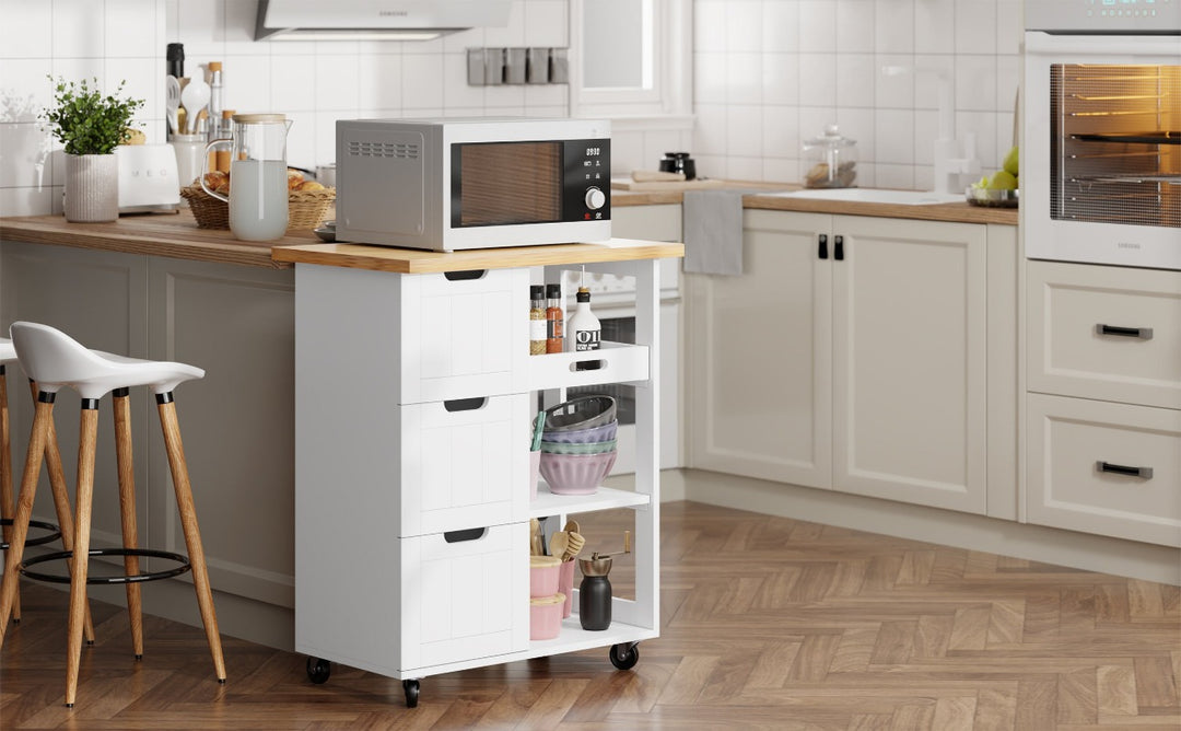 Walsunny 26.57¡®¡¯ Rolling Kitchen Island Storage & Bar Cart with Solid Wood Top#color_white (7278481932464)