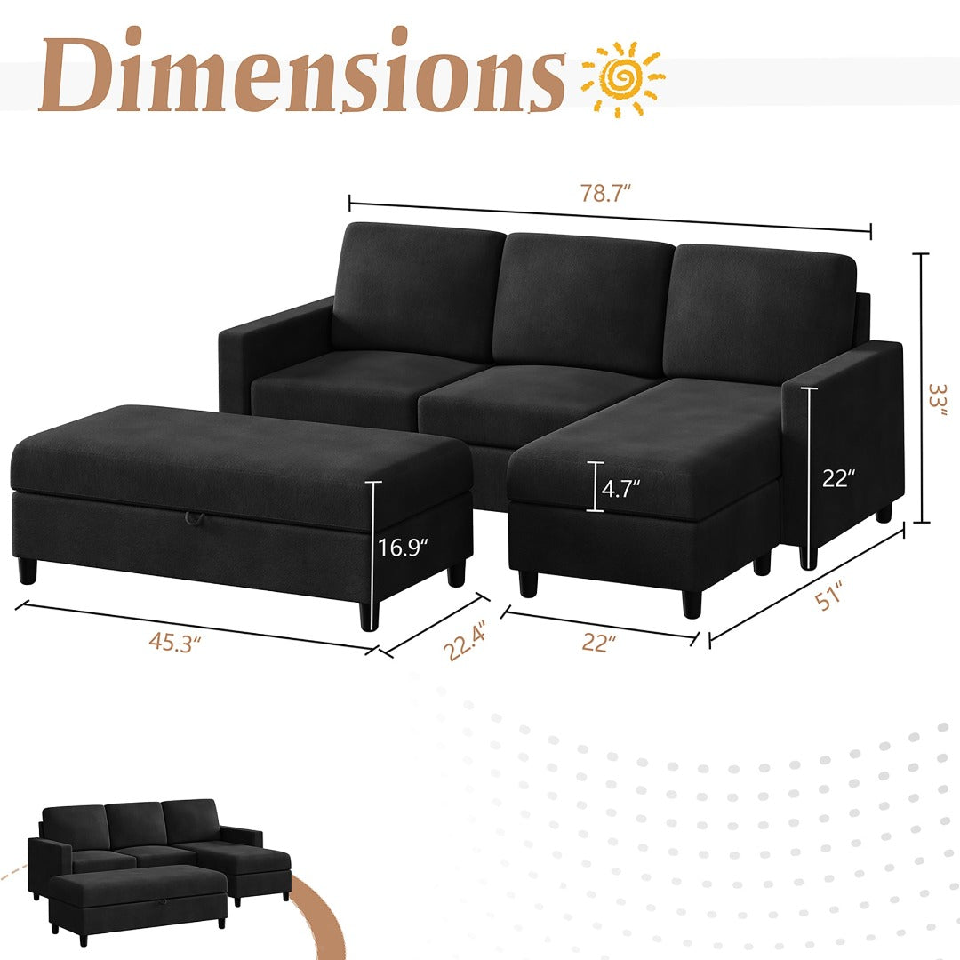 Walsunny Sectional Sofa With Long Storage Ottoman For Small Apartment#color_black (7136755155120)