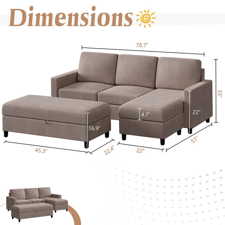 Walsunny Sectional Sofa With Long Storage Ottoman For Small Apartment#color_khaki (7136755155120)