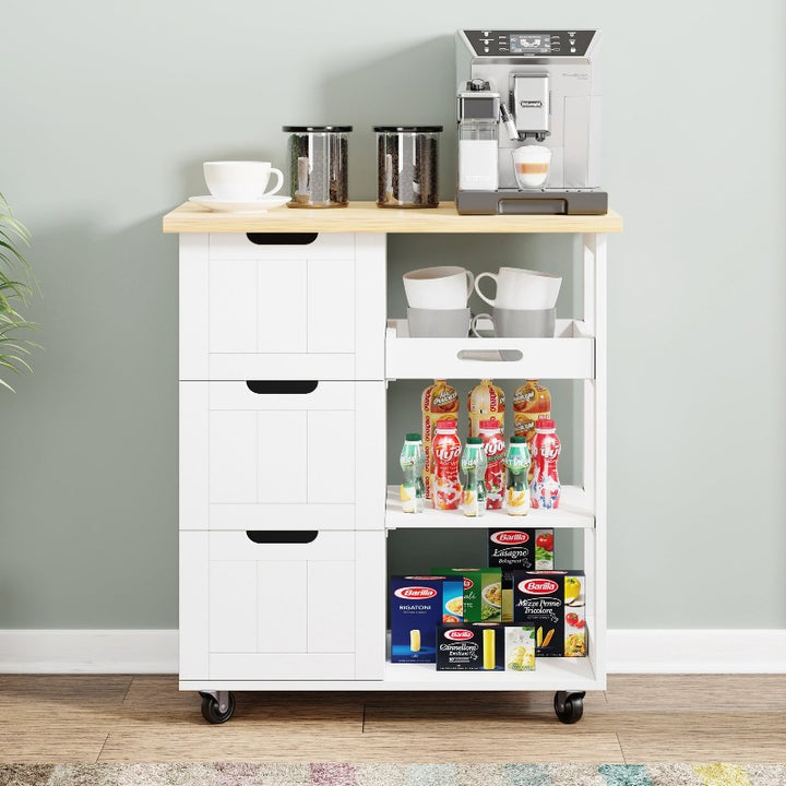 Walsunny 26.57¡®¡¯ Rolling Kitchen Island Storage & Bar Cart with Solid Wood Top#color_white (7278481932464)