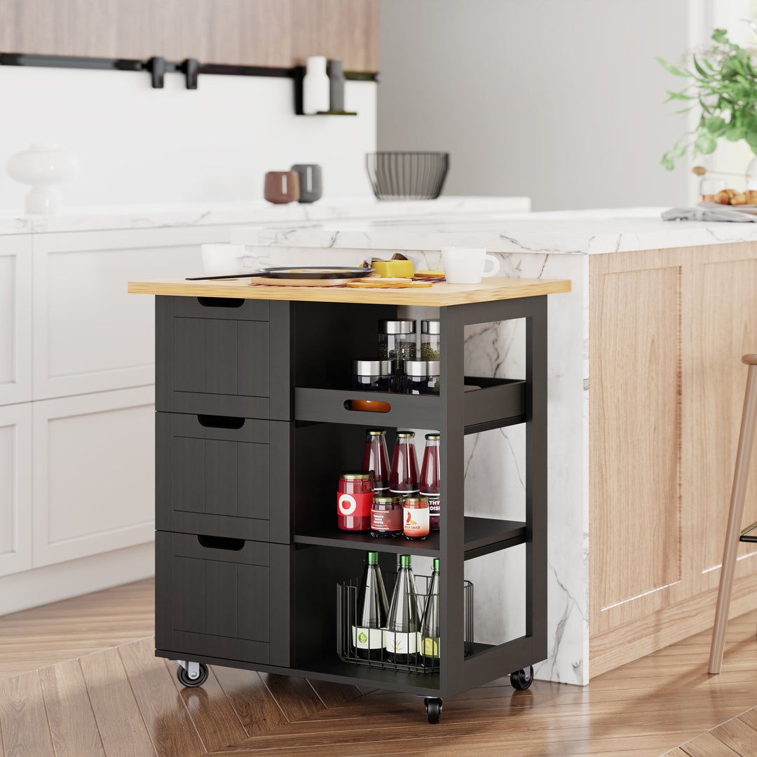 Walsunny 26.57¡®¡¯ Rolling Kitchen Island Storage & Bar Cart with Solid Wood Top#color_black (7278481932464)