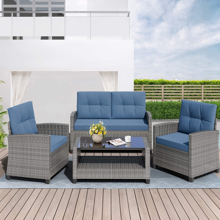 Walsunny Patio Furniture 4 Pieces Outdoor Wicker Loveseat Set