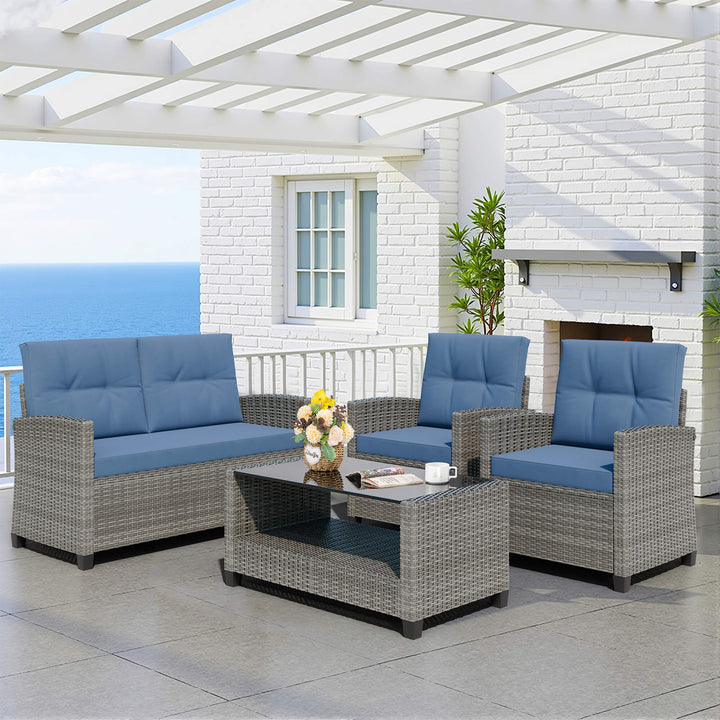 Walsunny Patio Furniture 4 Pieces Outdoor Wicker Loveseat Set