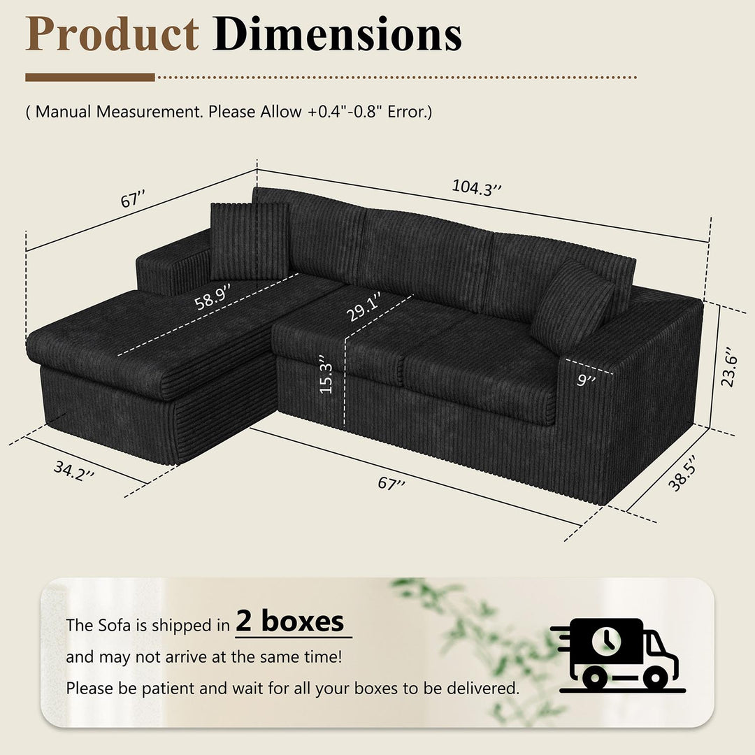 Walsunny  105" Modular Sectional Sofa, Boneless L Shaped Couch with Deep Seat, Cloud Foam Couch  Plush Cordurory Sofa