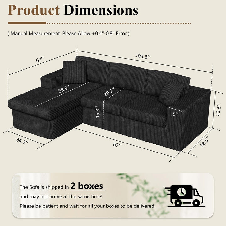 Walsunny  105" Modular Sectional Sofa, Boneless L Shaped Couch with Deep Seat, Cloud Foam Couch  Plush Cordurory Sofa