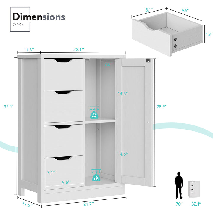 Walsunny Bathroom Floor Storage Cabinet, Wooden Storage Organizer with 4 Drawers and 1 Cupboard, Freestanding Entryway Storage Unit Console Table