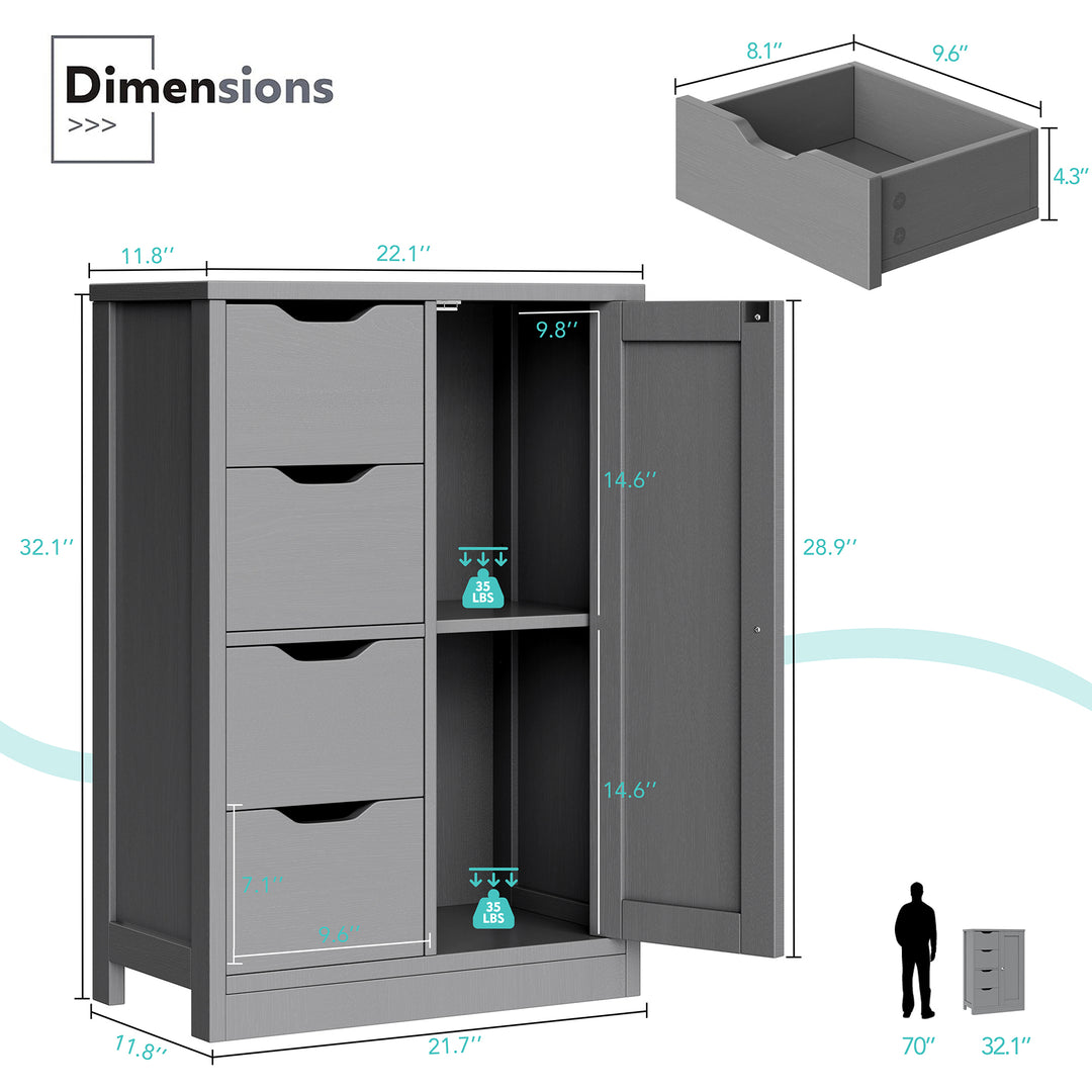 Walsunny Bathroom Floor Storage Cabinet, Wooden Storage Organizer with 4 Drawers and 1 Cupboard, Freestanding Entryway Storage Unit Console Table