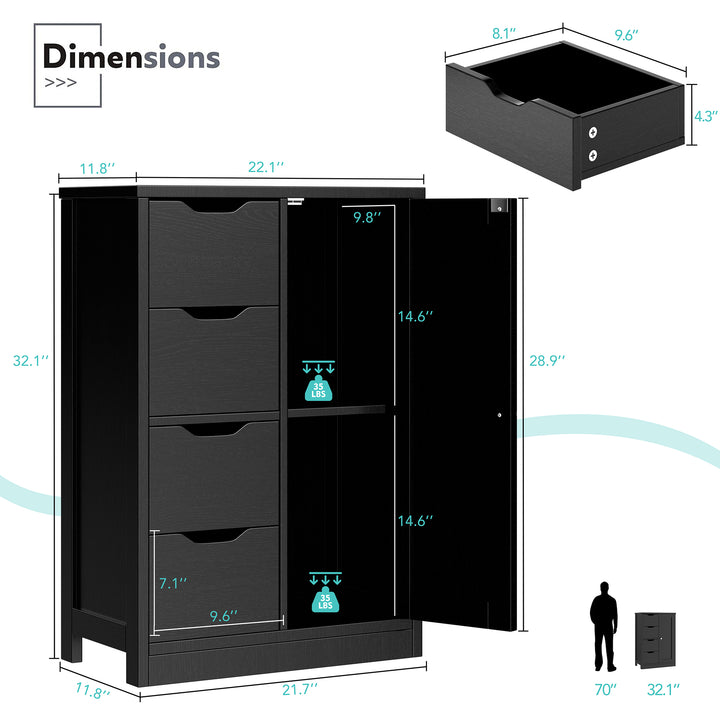 Walsunny Bathroom Floor Storage Cabinet, Wooden Storage Organizer with 4 Drawers and 1 Cupboard, Freestanding Entryway Storage Unit Console Table