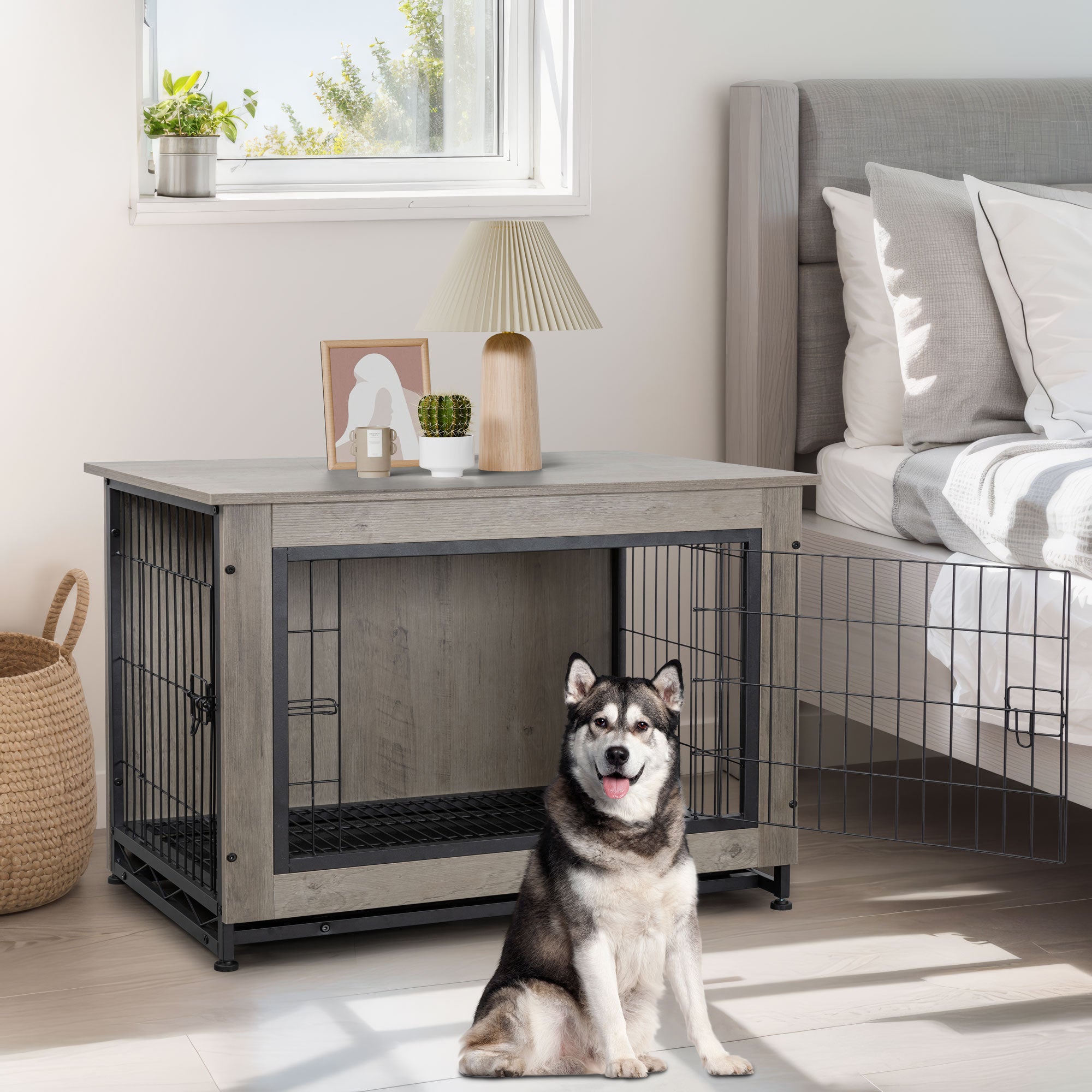 Walsunny Wooden Dog Crate Furniture Double Doors Kennel Indoor with Divider and Removable Tray End Table Dog Crate for Decoration