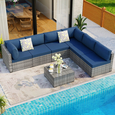 Walsunny Patio Furniture 7 Pieces Outdoor Sectional Sofa Set, Silver Wicker#color_aegean-blue