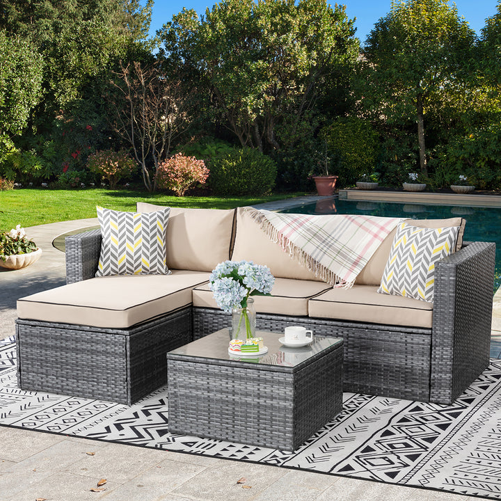 Walsunny Patio Furniture 3 Pieces Outdoor Sectional Sofa Set With Silver Wicker & Chaise