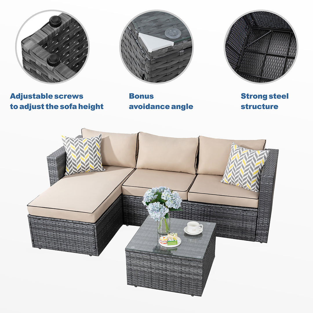 Walsunny Patio Furniture 3 Pieces Outdoor Sectional Sofa Set With Silver Wicker & Chaise