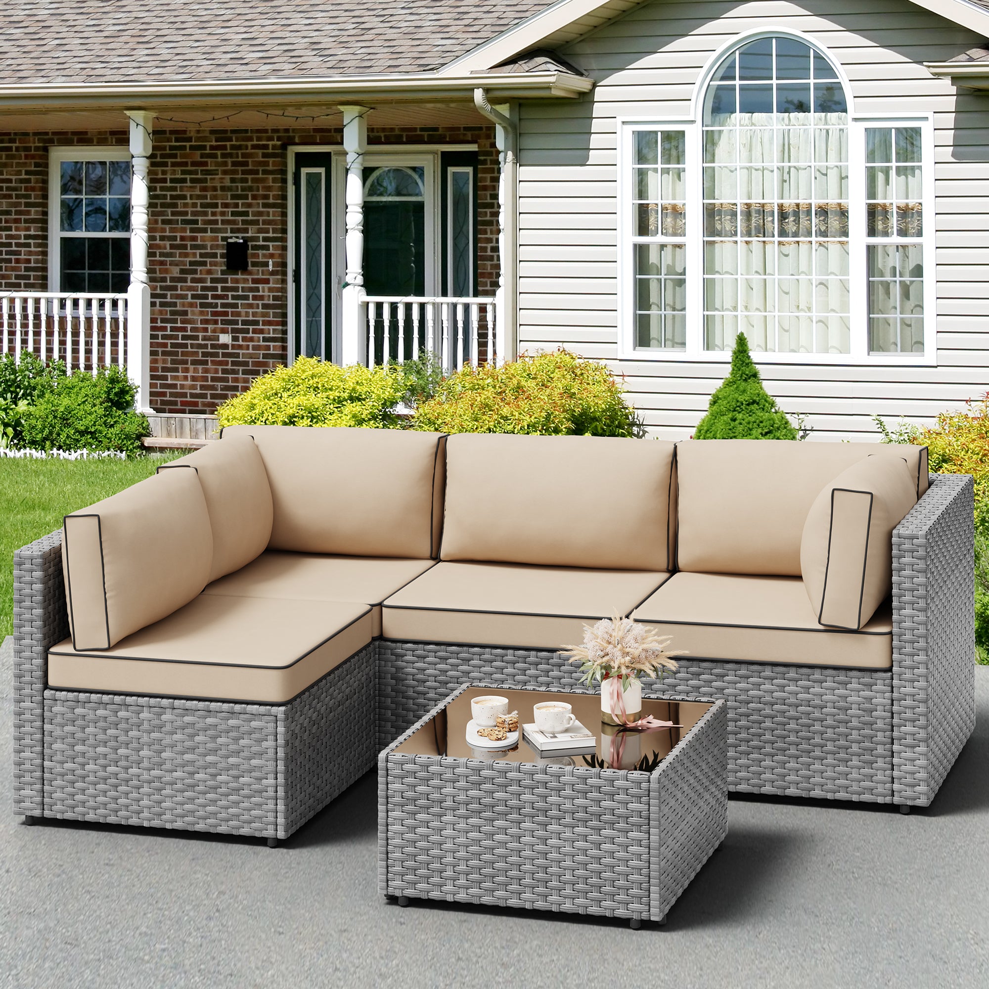 Walsunny Patio Furniture 5 Pieces Outdoor Sectional Sofas, Sliver Wick