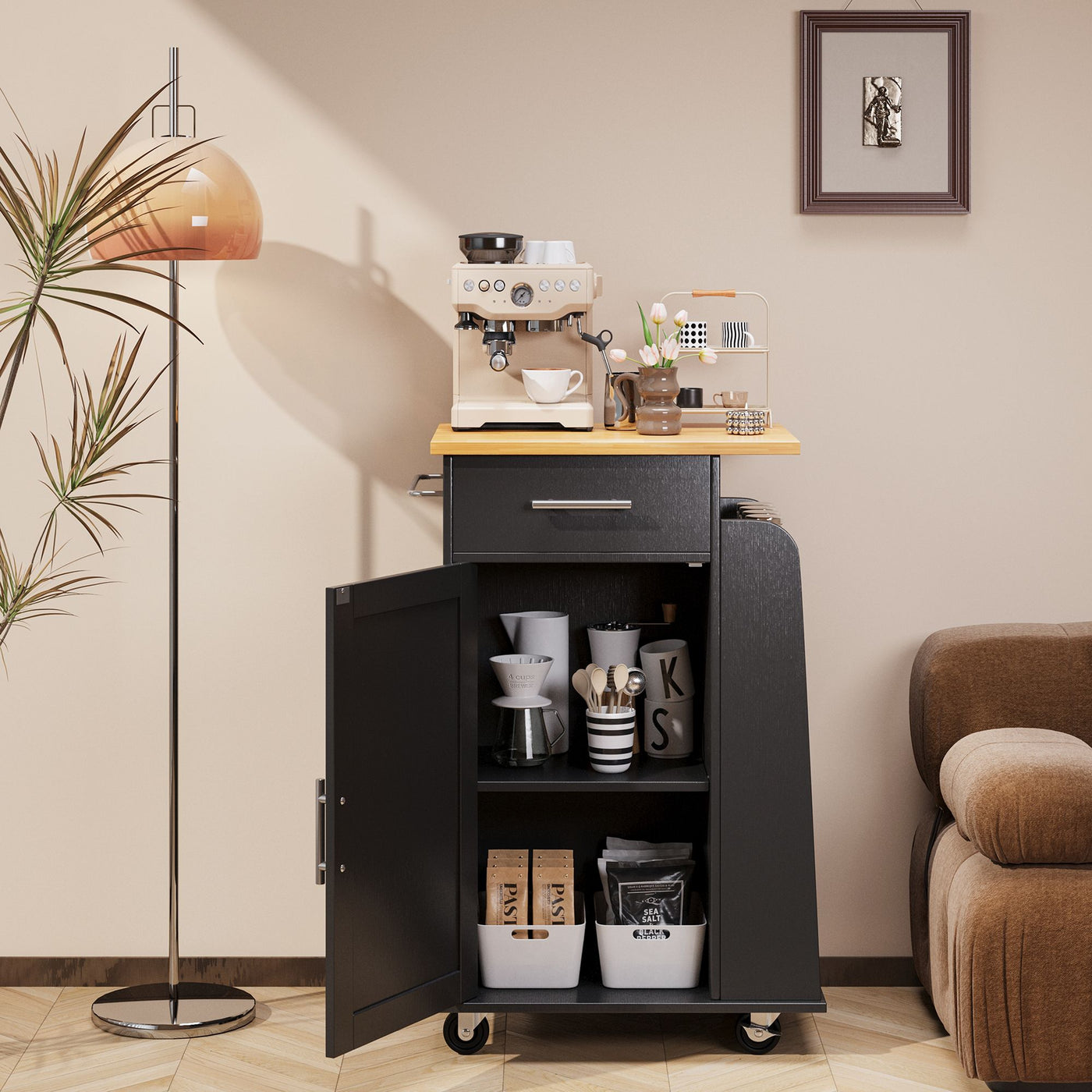 Walsunny Kitchen Island Rolling Cart with Storage Cabinet, Coffee Bar