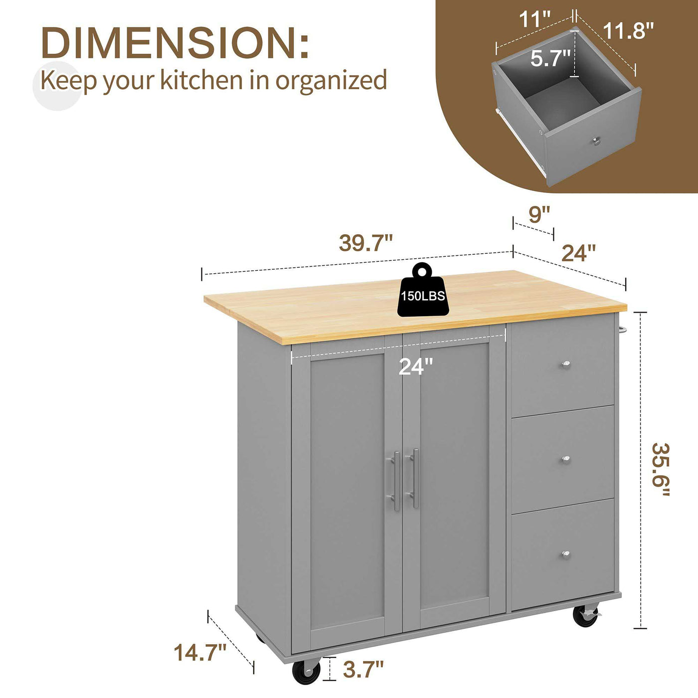 Walsunny Kitchen Island on Wheels with Storage Cabinet & Foldable Drop Leaf, 39.7" Width Rolling Kitchen Table