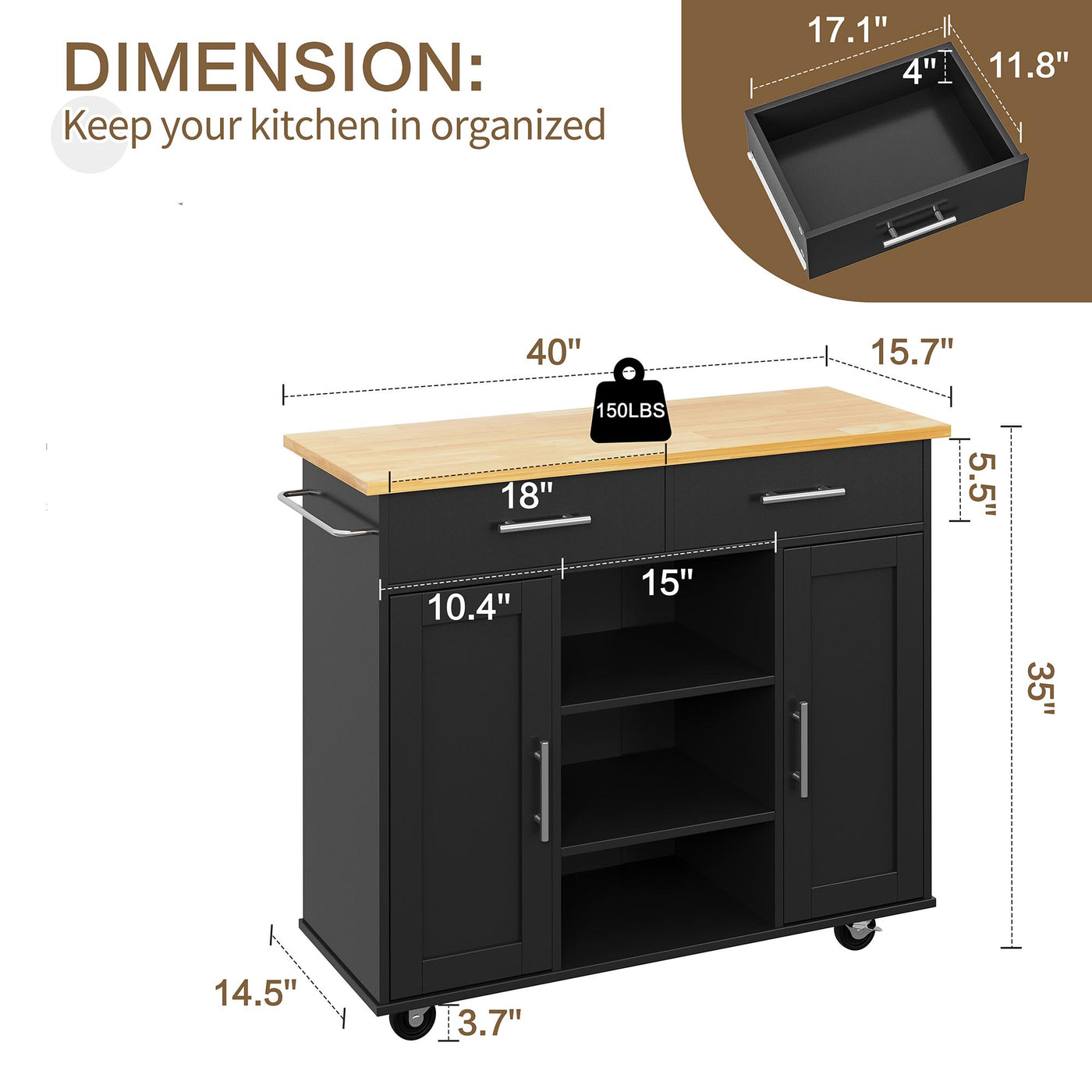 Walsunny 40" Multifunction Kitchen Cart Cabinet with Shelves