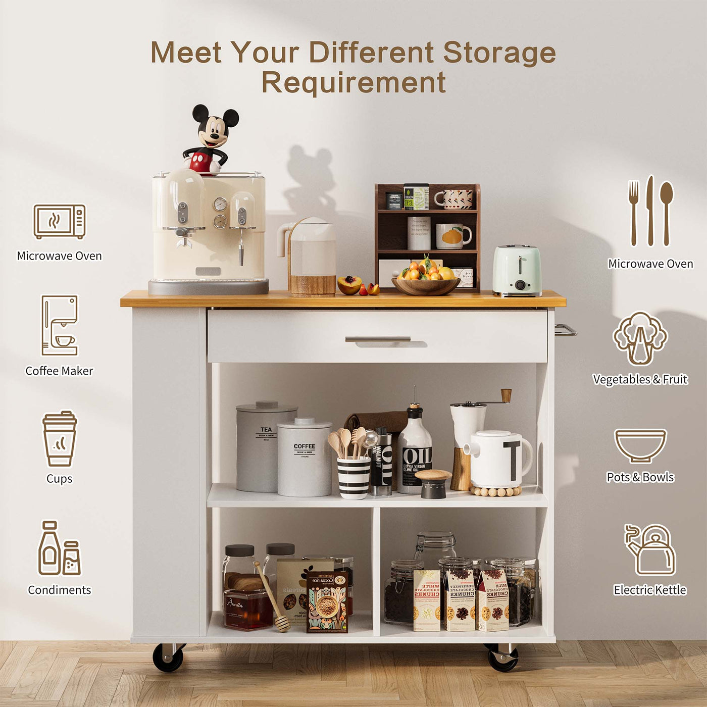 Walsunny Kitchen Island on Wheels with Storage Cabinet, Rolling Cart Kitchen Storage Organizer with/3 Side Spice Rack, 2 Tier Open Shelf for Kitchen