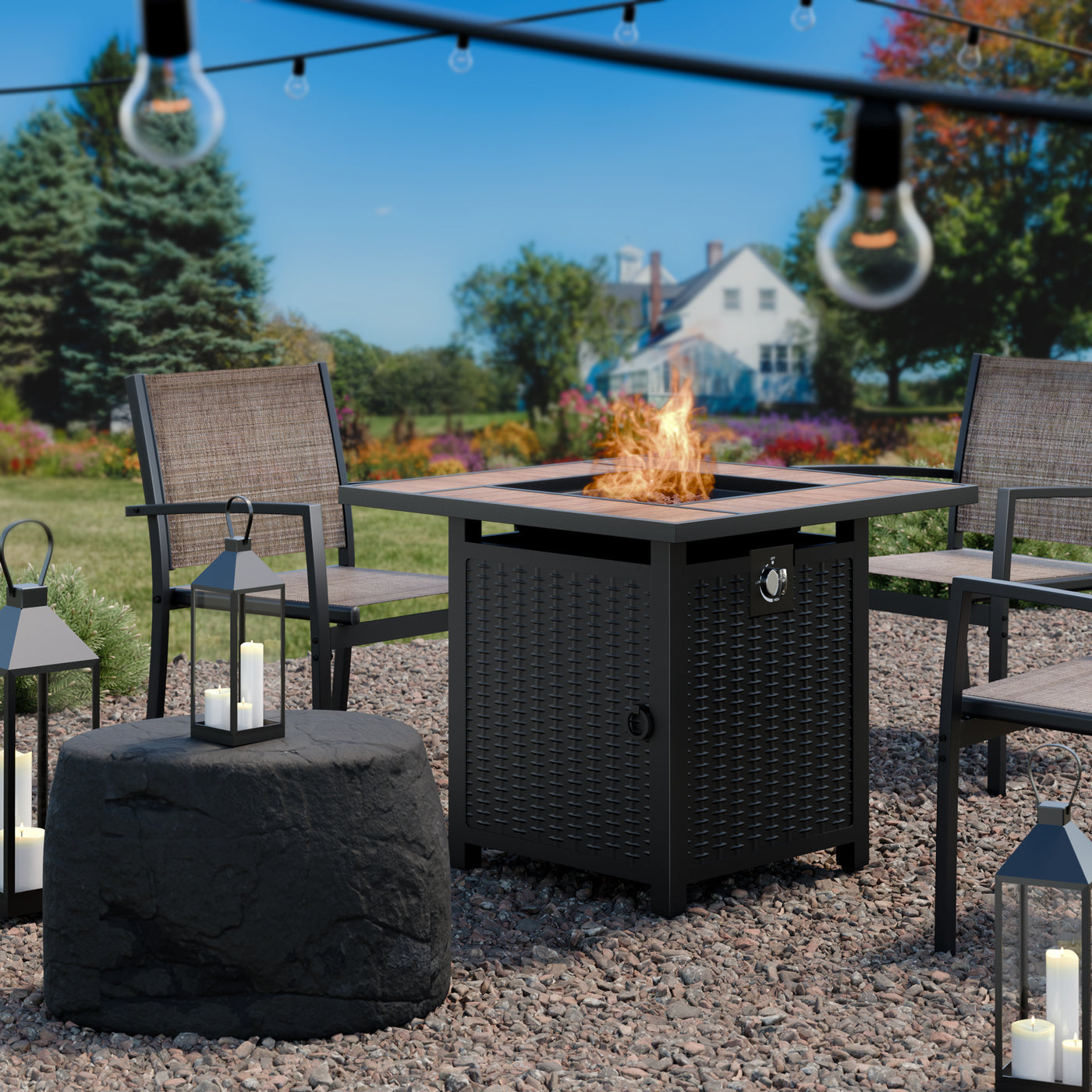 Walsunny 28" Propane Gas Fire Pit Table 50,000 BTU Square Outdoor Wicker