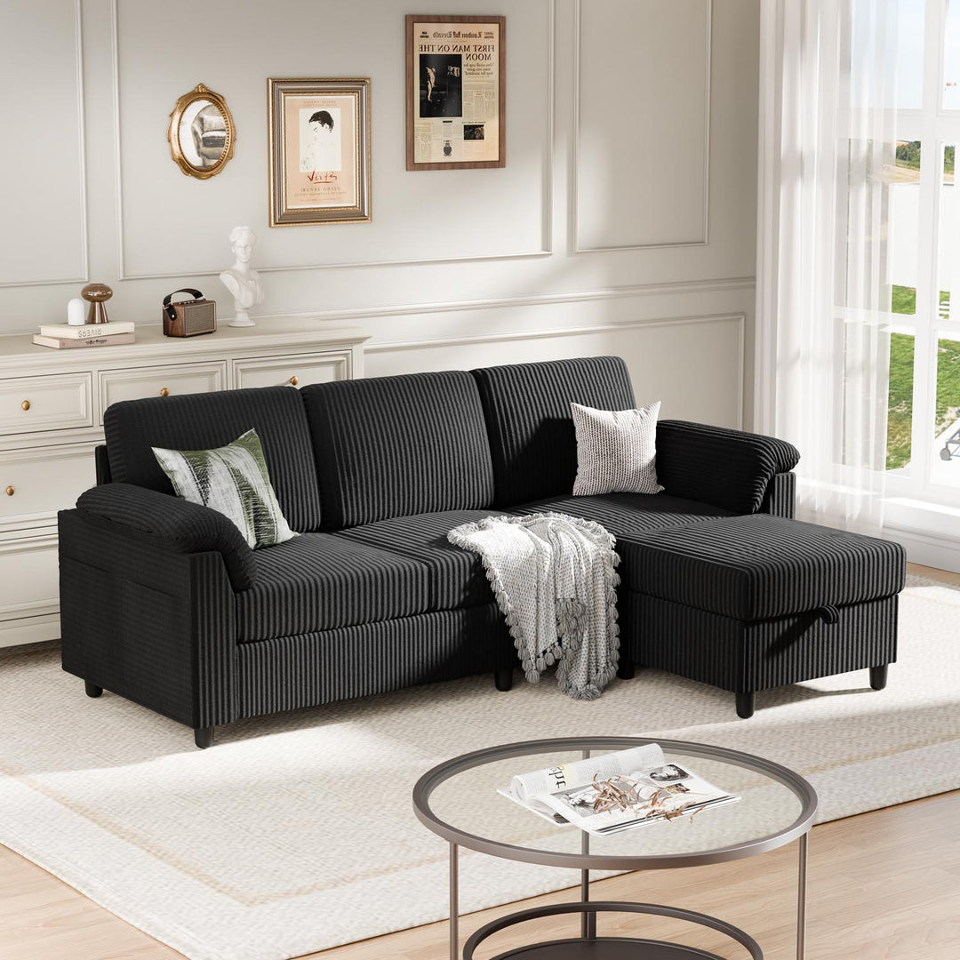 Walsunny 3 Seat L-Shaped Sectional Sofa With Movable Ottoman#color_black