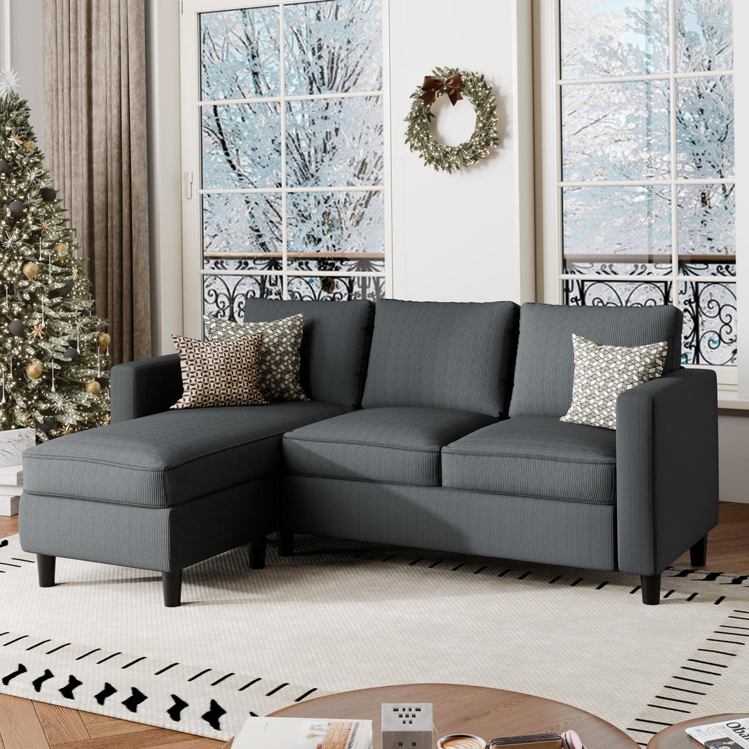 Walsunny 3-Seat L Shaped Small Sectional Couch Affordable Comfortable Sofa with Chaise Corduroy Black