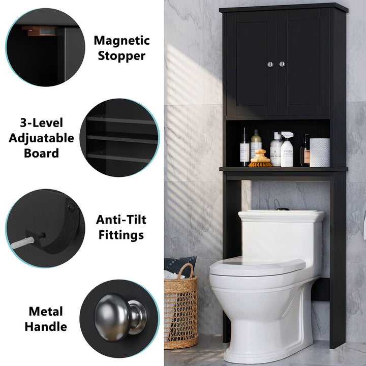 Walsunny Over The Toilet Storage Cabinet A, Bathroom Shelf Organizer with Anti-Tip Device Small Freestanding Space Saver with Adjustable Shelf #color_black