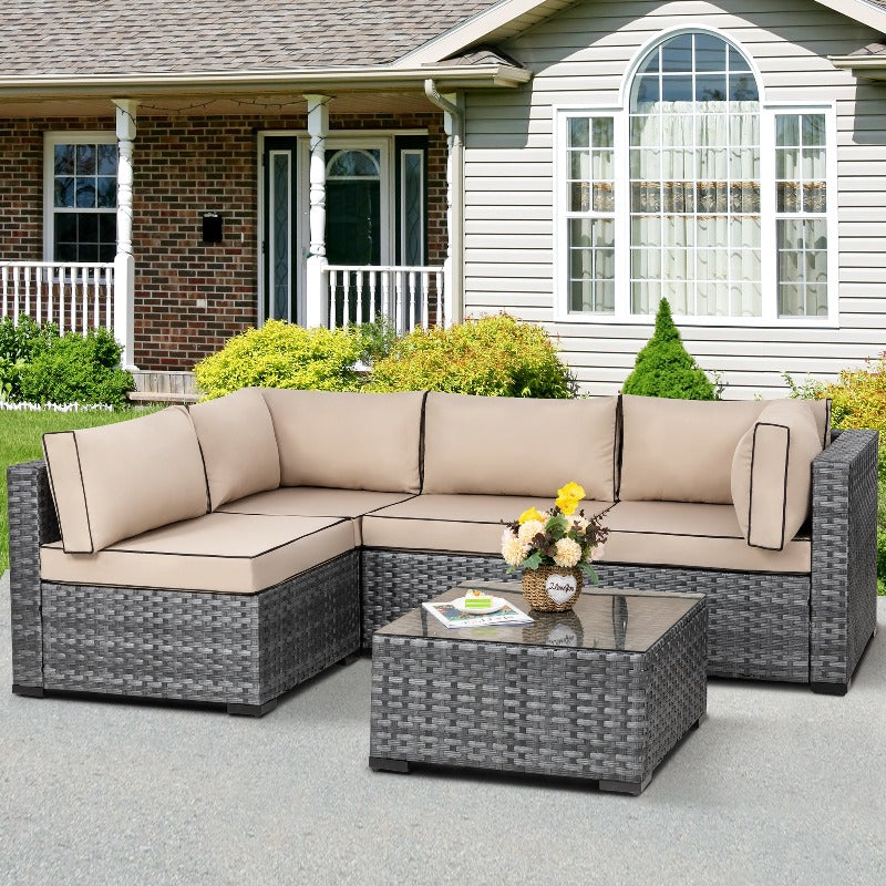 Walsunny Patio Furniture 5 Pieces Outdoor Sectional Sofa Set, Silver Wicker#color_khaki