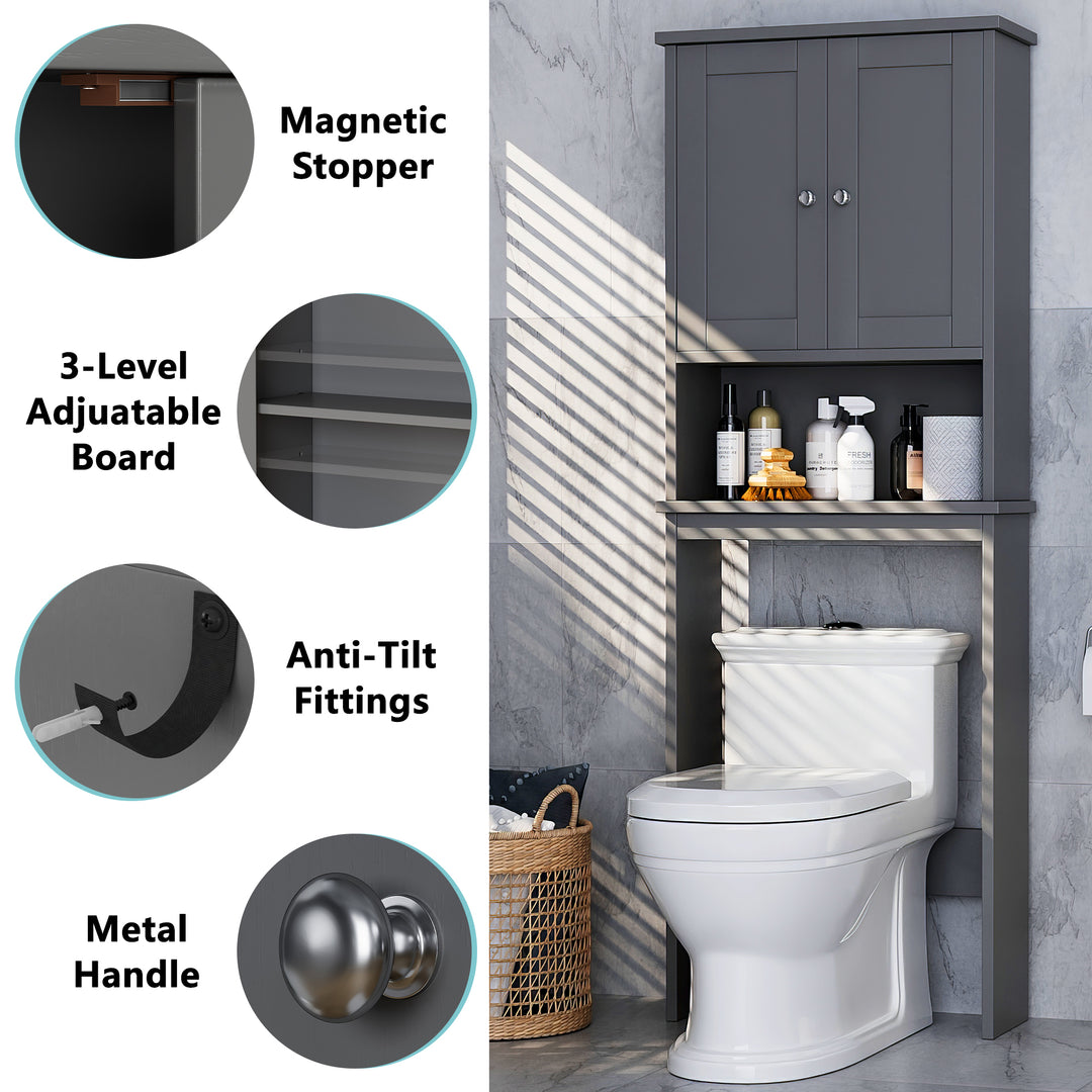 Walsunny Over The Toilet Storage Cabinet A, Bathroom Shelf Organizer with Anti-Tip Device Small Freestanding Space Saver with Adjustable Shelf #color_grey