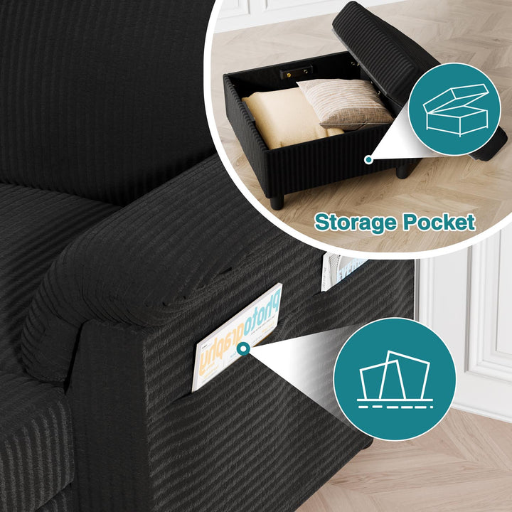 Walsunny 3 Seat L-Shaped Sectional Sofa With Movable Ottoman#color_black