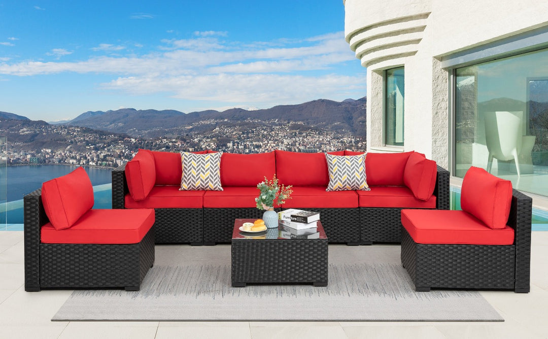 Walsunny Patio Furniture 7 Pieces Outdoor Sectional Sofa Set, Black Wicker#color_red