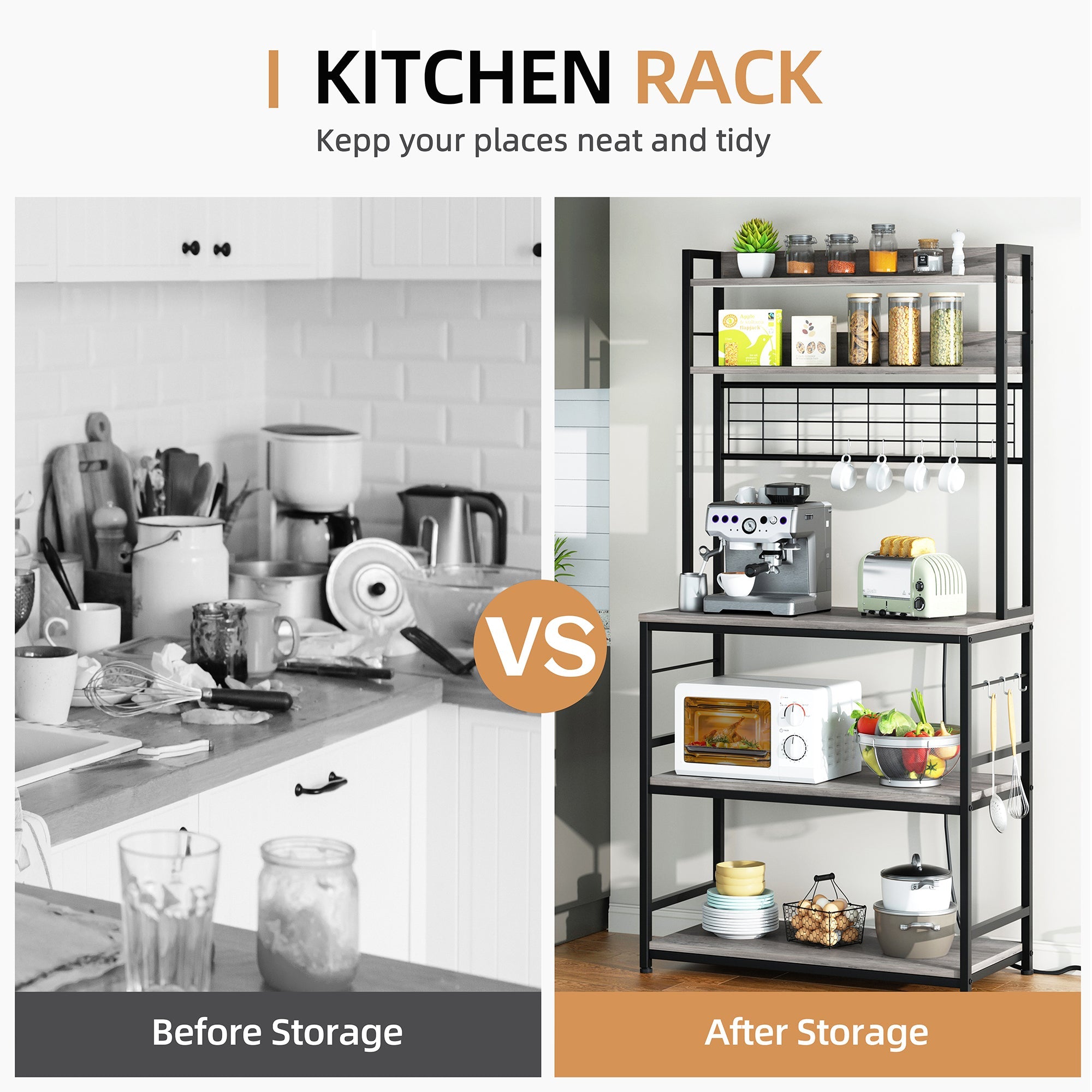 Walsunny Kitchen Bakers Rack with Power Outlet, Coffee Bar Table