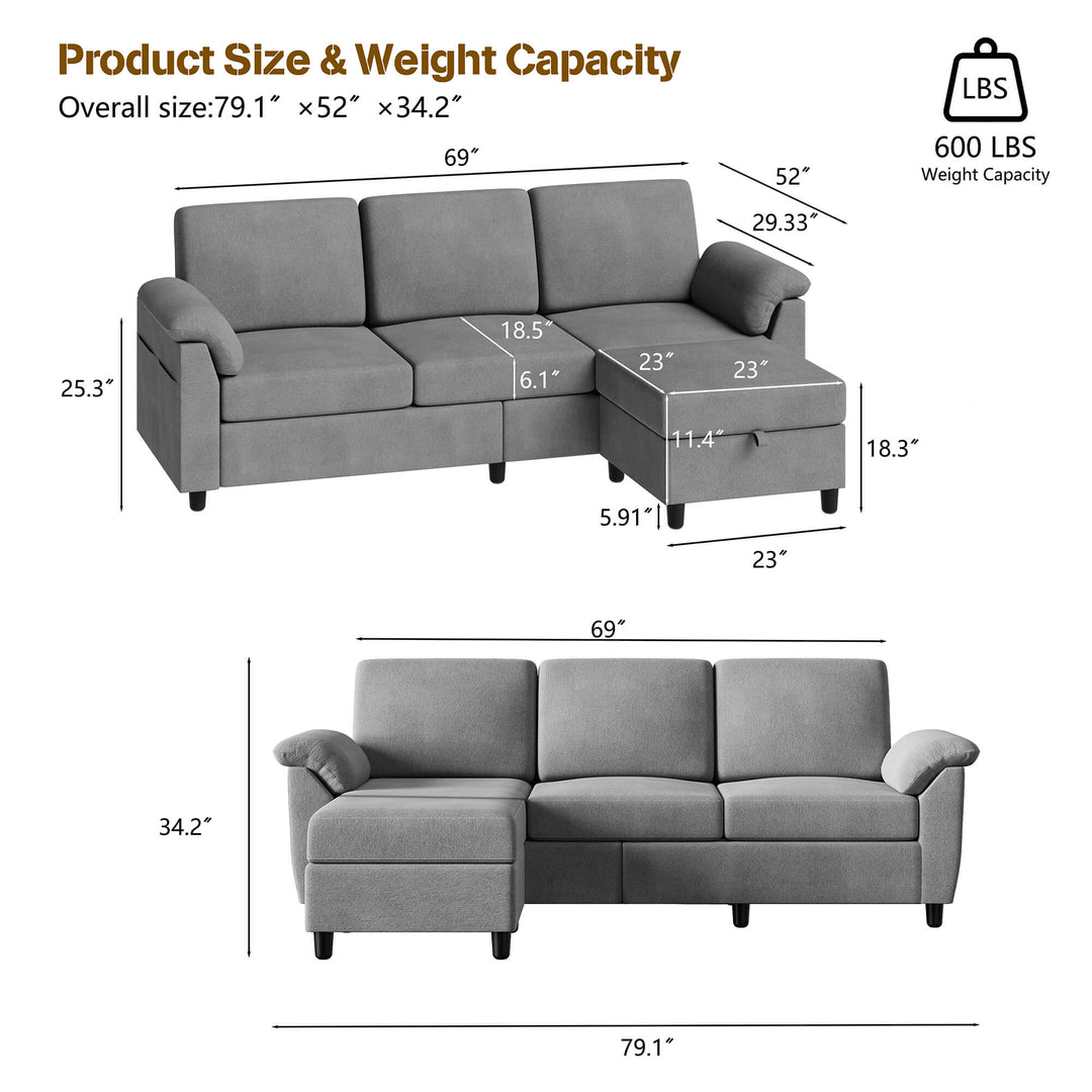 Walsunny 3 Seat L-Shaped Sectional Sofa With Movable Ottoman#color_light-grey