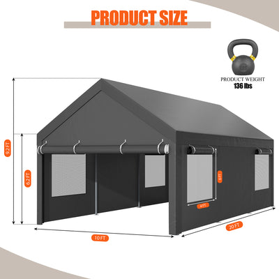 Walsunny Carport, 10x20 ft Heavy Duty Carport Canopy with Roll-up Windows, Portable Garage with Removable Sidewalls & Doors