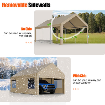 Walsunny Carport, 10x20 ft Heavy Duty Carport Canopy with Roll-up Windows, Portable Garage with Removable Sidewalls & Doors