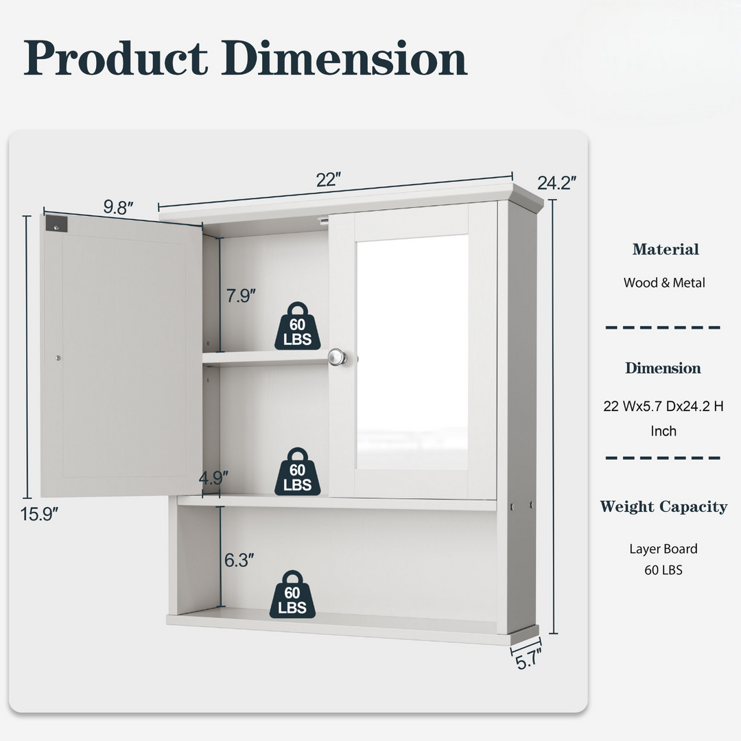 Walsunny Bathroom Medicine Cabinet, Wall Mount Storage Cabinet with Mirror, 2 Doors 3 Open Shelf, Wood Organizer Over Toilet/Laundry/Kitchen, White