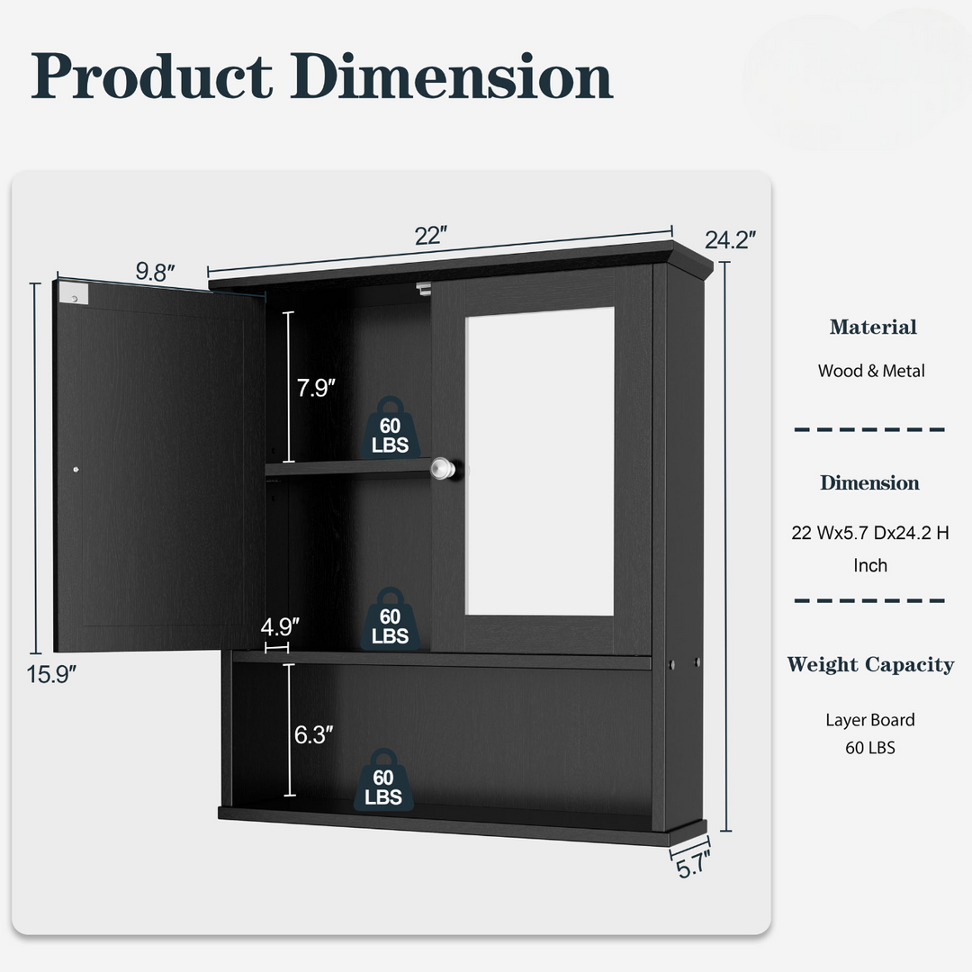 Walsunny Bathroom Medicine Cabinet, Wall Mount Storage Cabinet with Mirror, 2 Doors 3 Open Shelf, Wood Organizer Over Toilet/Laundry/Kitchen, White