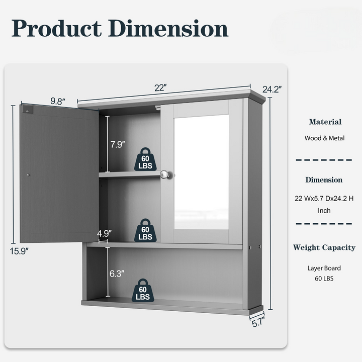 Walsunny Bathroom Medicine Cabinet, Wall Mount Storage Cabinet with Mirror, 2 Doors 3 Open Shelf, Wood Organizer Over Toilet/Laundry/Kitchen, White