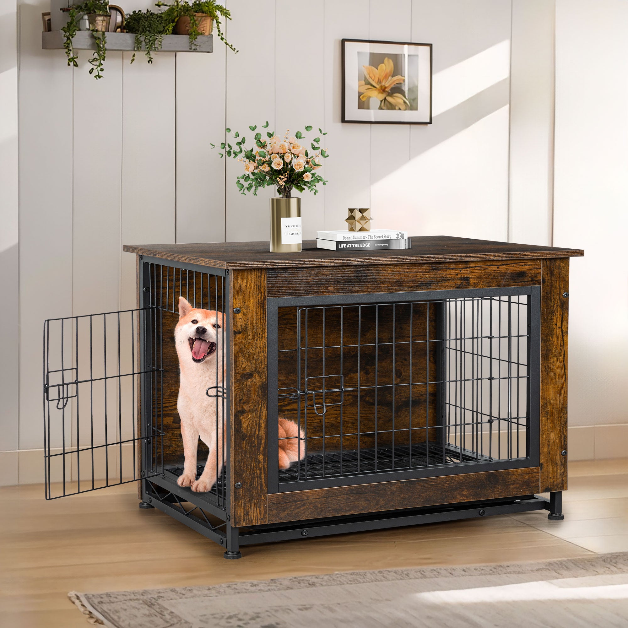 Walsunny Wooden Dog Crate Furniture Double Doors Kennel Indoor with Di