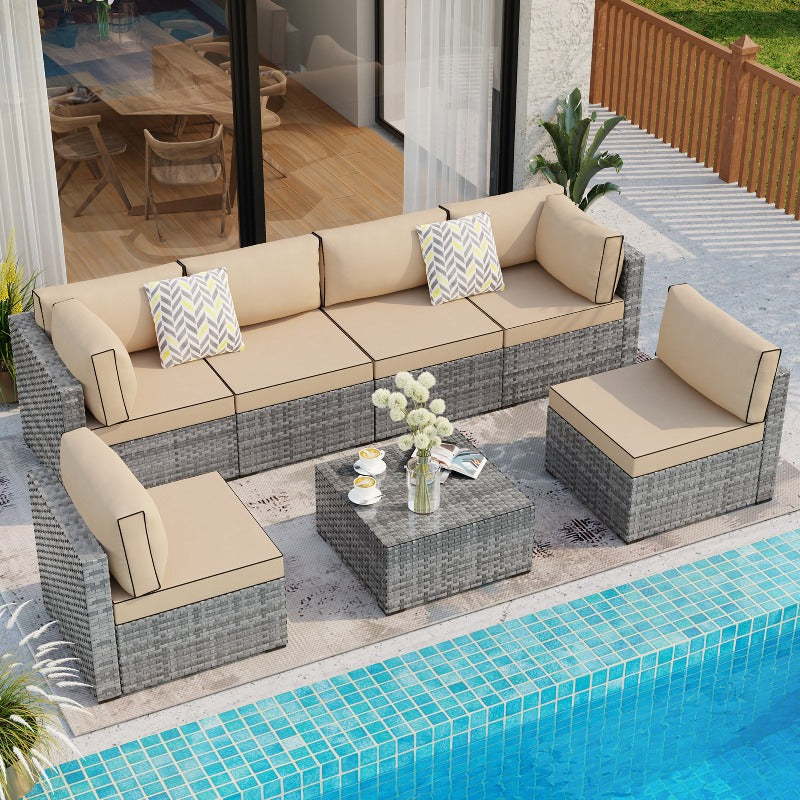 Walsunny Patio Furniture 7 Pieces Outdoor Sectional Sofa Set, Silver Wicker#color_khaki