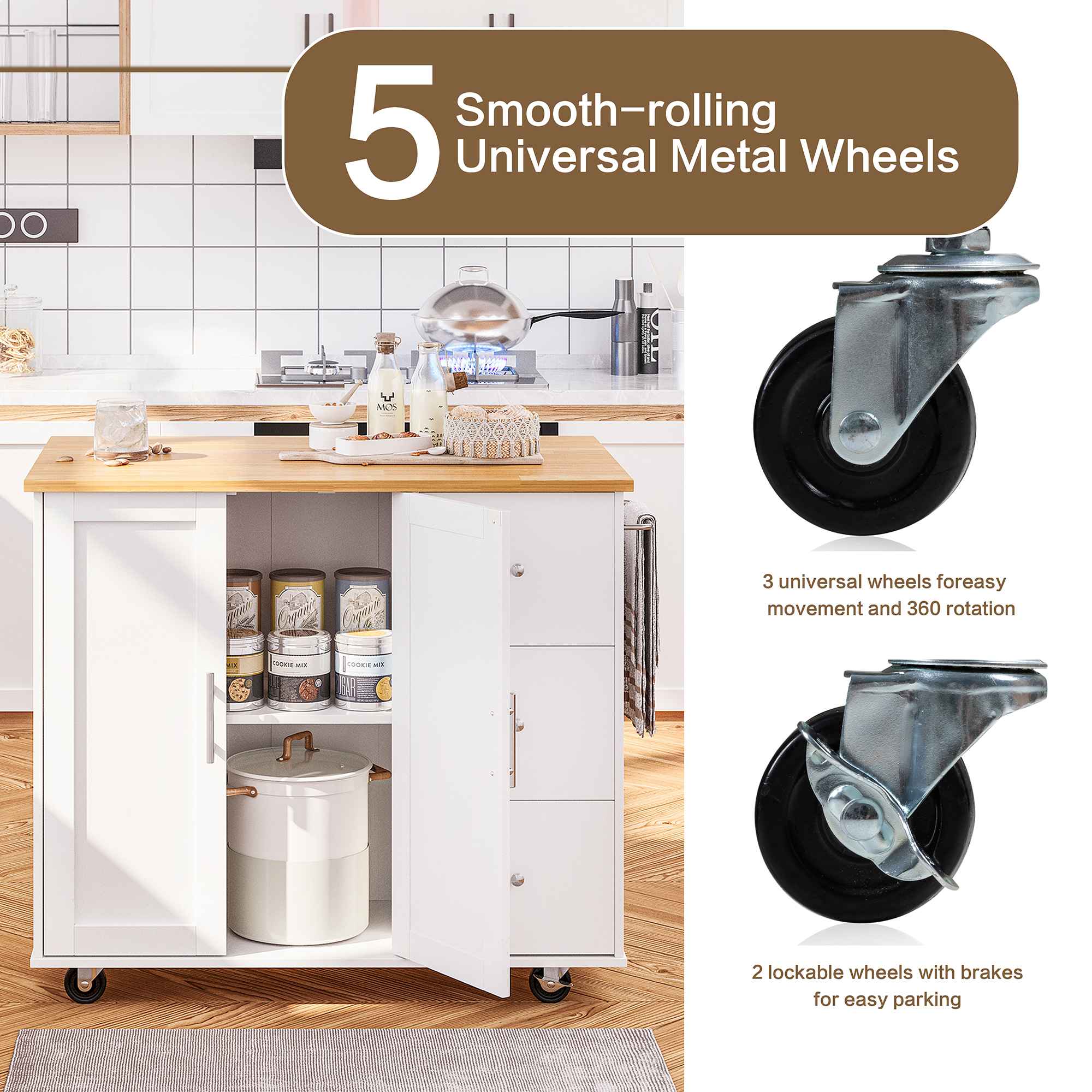 Walsunny Kitchen Island on Wheels with Storage Cabinet & Foldable