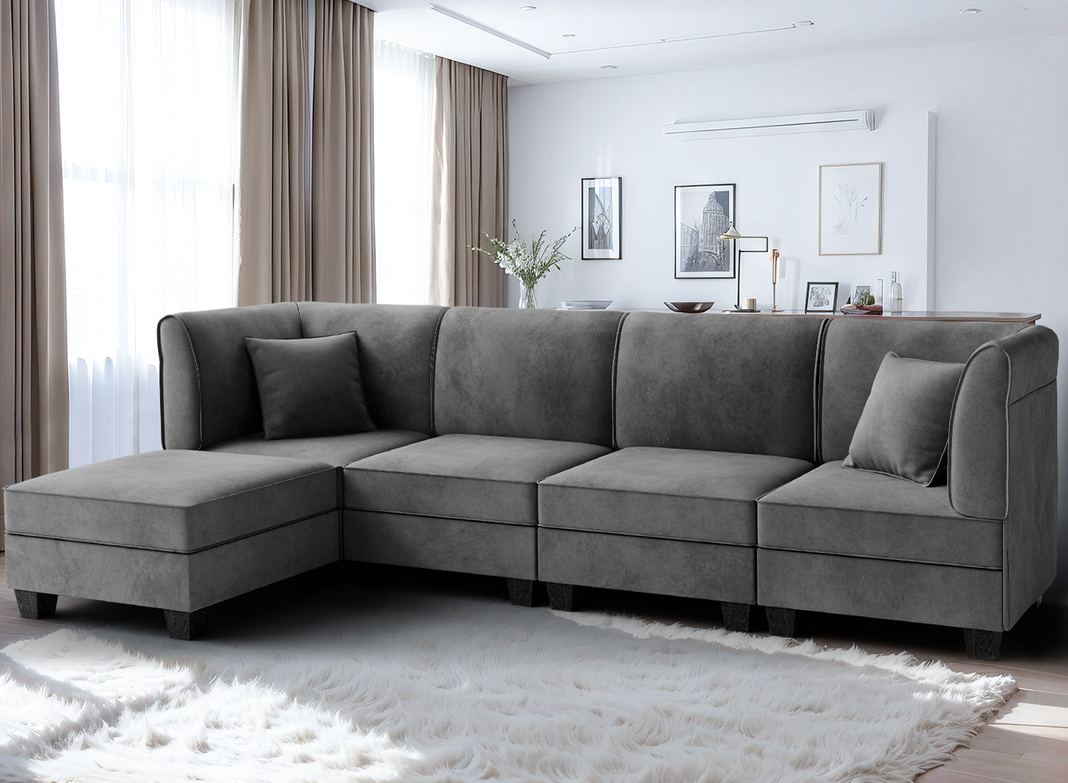 Walsunny Velvet 5 Pieces Modular Sectional Sofa L-Shaped Couch With Re