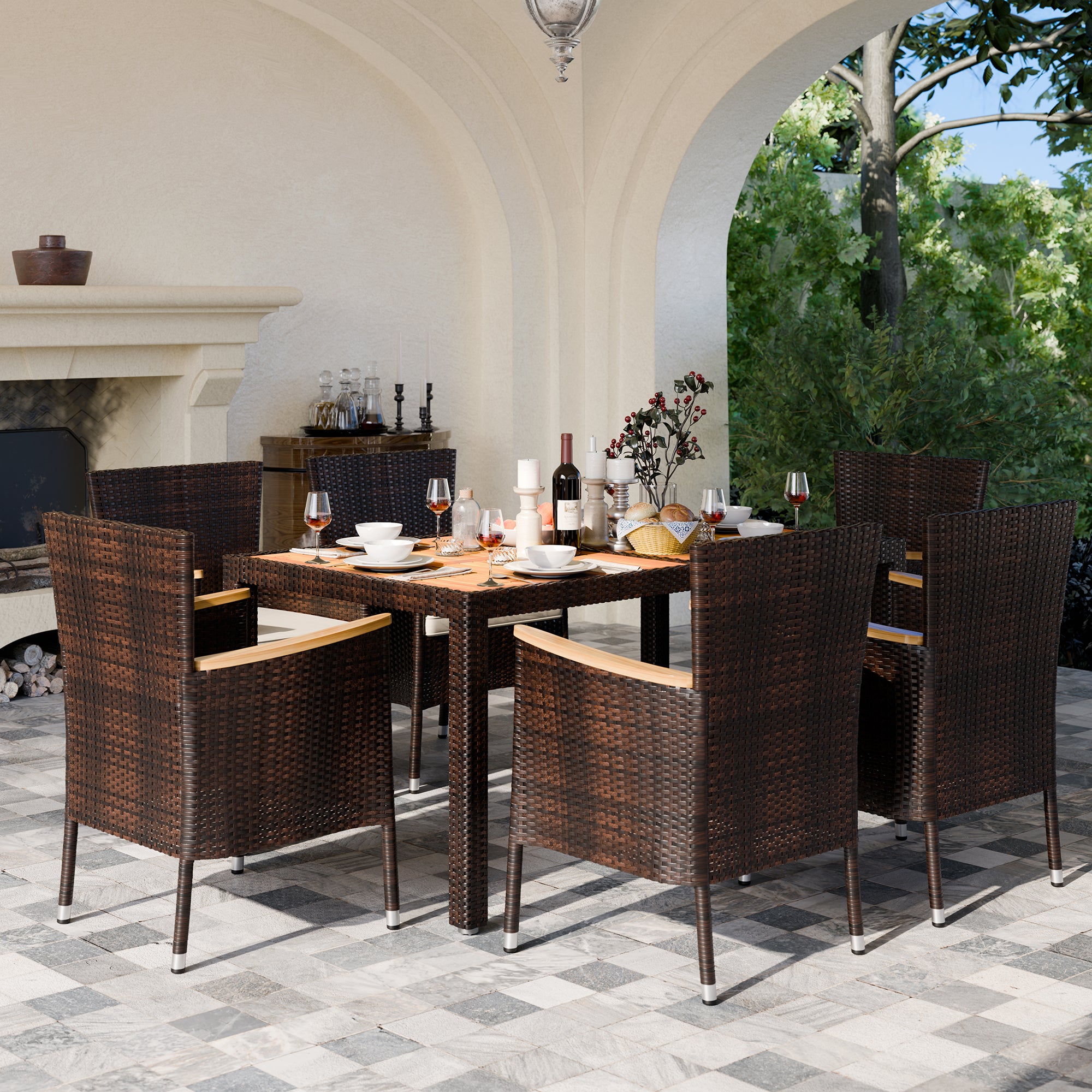Walsunny 5 Pieces/ 7 Pieces Patio Dining Set, Square Wood Table